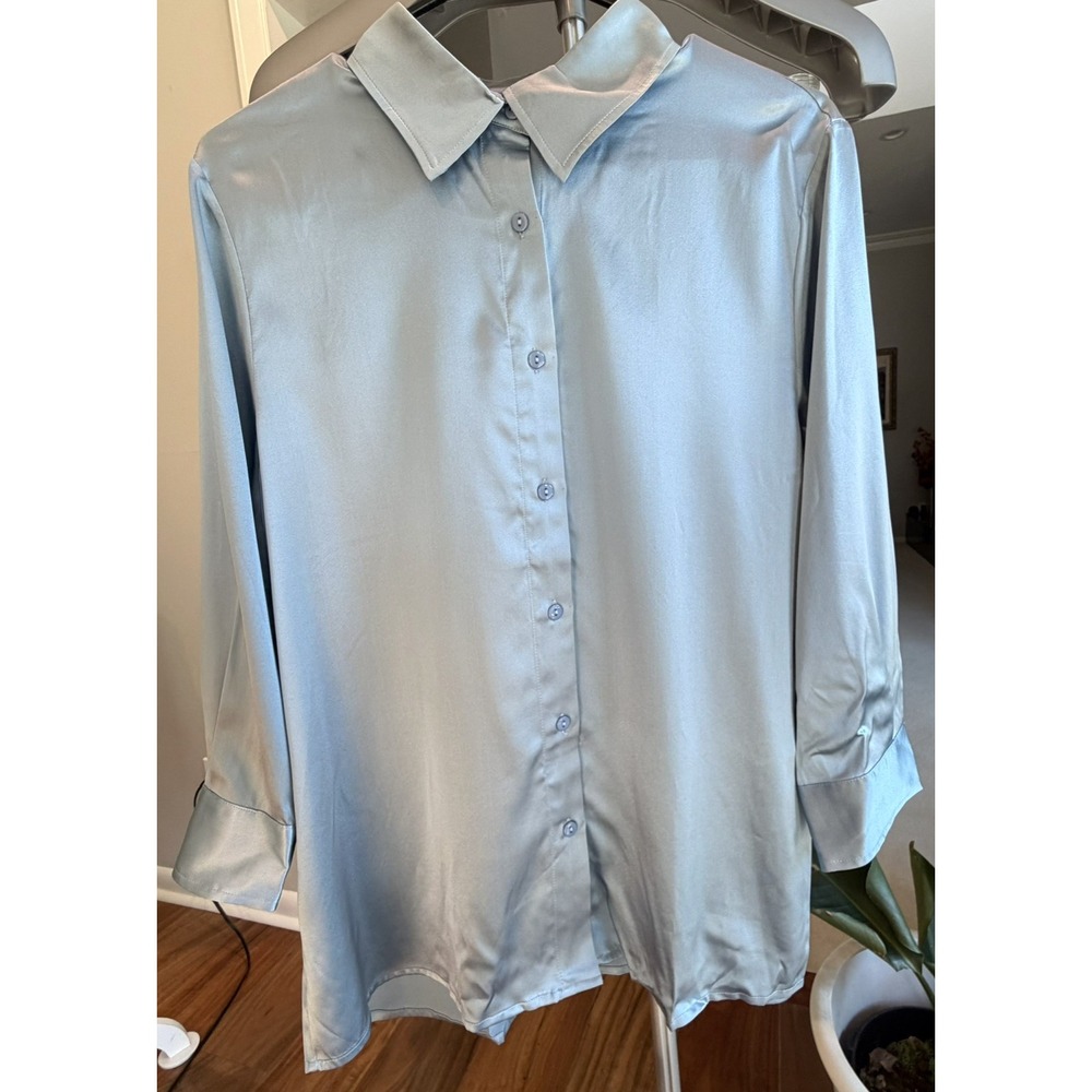 Silk Silky Women's Mulberry Silk Blouse Pajama Med 3/4  Sleeve Blue
